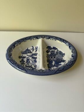 Blue Willow Divided Ceramic Serving Dish - Blue